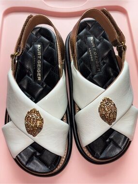 Kurt Geiger White Leather Cross-Strap Sandals with Gold Jewel Accent